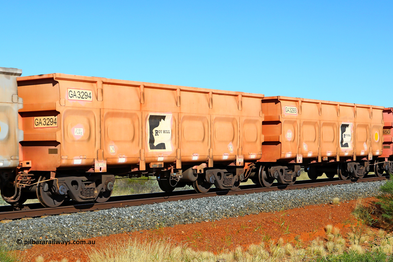 250501 0518
At the 88.448 km, just south of HPPL crossing loop on the Roy Hill line, empty Roy Hill waggon pair GA 3293 - GA 3294, built in China by CRRC Yangtze as an CCK138 model ore waggon in Breast Cancer Awareness pink livery. May 1, 2025
Keywords: GA-type;GA3293-GA3294;CRRC-Yangtze;CCK138;