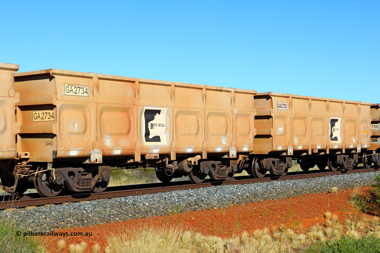 250501 0520
At the 88.448 km, just south of HPPL crossing loop on the Roy Hill line, empty Roy Hill waggon pair GA 2733 - GA 2734, built in China by CSR Yangtze as an CCK138 model ore waggon. May 1, 2025.
Keywords: GA-type;GA2733-GA2734;CSR-Yangtze;CCK138;