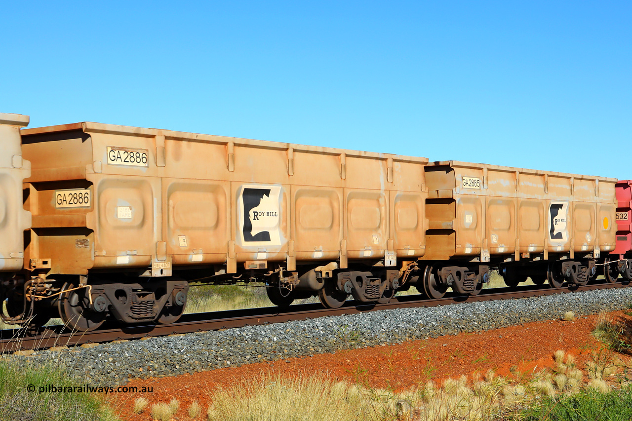250501 0526
At the 88.448 km, just south of HPPL crossing loop on the Roy Hill line, empty Roy Hill waggon pair GA 2885 - GA 2886, built in China by CSR Yangtze as an CCK138 model ore waggon. May 1, 2025.
Keywords: GA-type;GA2885-GA2886;CSR-Yangtze;CCK138;
