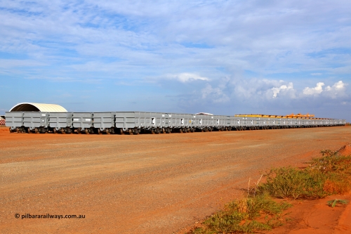 150412 7915
Roy Hill's Rail Construction Yard, at the 21.2 km, near Boodarie, 120 new CSR Yangtze built CCK138 stainless steel waggons wait to be placed on the rails. April 12, 2015.
Keywords: GA-type;GA2128;CSR-Yangtze;CCK138;