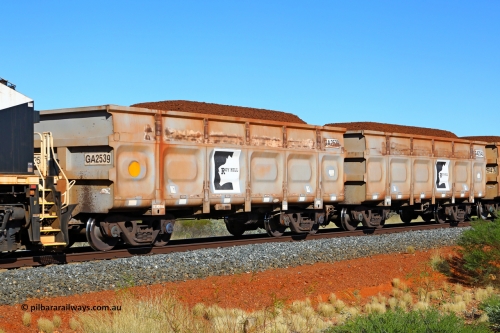 250501 0303
At the 88.448 km, just south of HPPL crossing loop on the Roy Hill line, loaded Roy Hill waggon pair GA 2539 - GA 2540, built in China by CSR Yangtze as an CCK138 model ore waggon. May 1, 2025.
Keywords: GA-type;GA2539-GA2540;CSR-Yangtze;CCK138;Roy-Hill-ore-waggon;