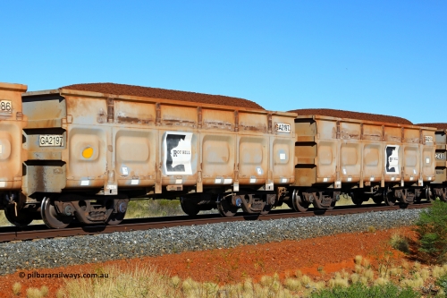 250501 0307
At the 88.448 km, just south of HPPL crossing loop on the Roy Hill line, loaded Roy Hill waggon pair GA 2197 - GA 2198, built in China by CSR Yangtze as an CCK138 model ore waggon. May 1, 2025.
Keywords: GA-type;GA2197-GA2198;CSR-Yangtze;CCK138;Roy-Hill-ore-waggon;