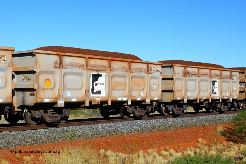 250501 0310
At the 88.448 km, just south of HPPL crossing loop on the Roy Hill line, loaded Roy Hill waggon pair GA 2395 - GA 2396, built in China by CSR Yangtze as an CCK138 model ore waggon. May 1, 2025.
Keywords: GA-type;GA2395-GA2396;CSR-Yangtze;CCK138;Roy-Hill-ore-waggon;