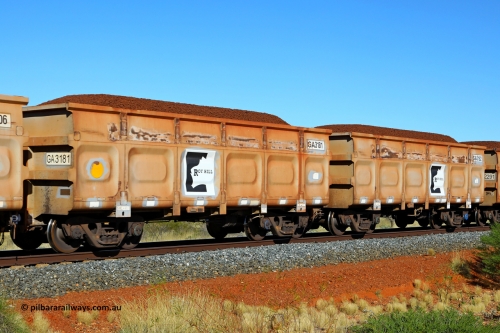 250501 0314
At the 88.448 km, just south of HPPL crossing loop on the Roy Hill line, loaded Roy Hill waggon pair GA 3181 - GA 3182, built in China by CSR Yangtze as an CCK138 model ore waggon. May 1, 2025.
Keywords: GA-type;GA3181-GA3182;CSR-Yangtze;CCK138;Roy-Hill-ore-waggon;