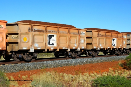250501 0319
At the 88.448 km, just south of HPPL crossing loop on the Roy Hill line, loaded Roy Hill waggon pair GA 3005 - GA 3006, built in China by CSR Yangtze as an CCK138 model ore waggon. May 1, 2025.
Keywords: GA-type;GA3005-GA3006;CSR-Yangtze;CCK138;