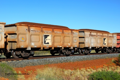 250501 0340
At the 88.448 km, just south of HPPL crossing loop on the Roy Hill line, loaded Roy Hill waggon pair GA 2227 - GA 2228, built in China by CSR Yangtze as an CCK138 model ore waggon. May 1, 2025.
Keywords: GA-type;GA2227-GA2228;CSR-Yangtze;CCK138;