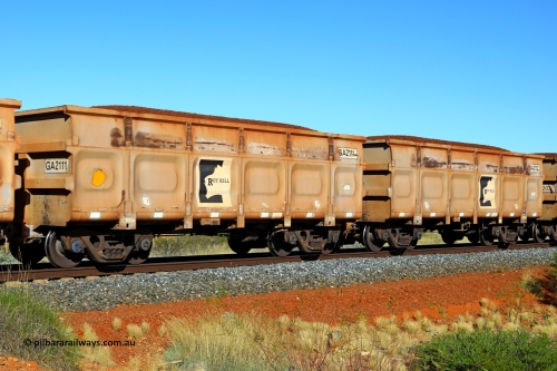 250501 0421
At the 88.448 km, just south of HPPL crossing loop on the Roy Hill line, loaded Roy Hill waggon pair GA 2111 - GA 2112, built in China by CSR Yangtze as an CCK138 model ore waggon. May 1, 2025.
Keywords: GA-type;GA2111-GA2112;CSR-Yangtze;CCK138;Roy-Hill-ore-waggon;