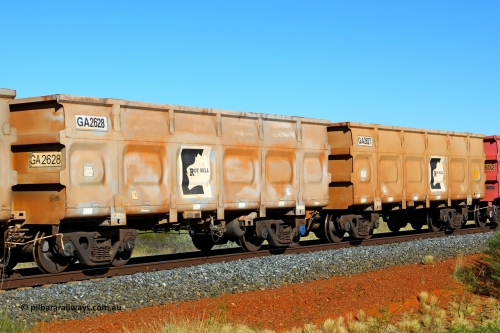 250501 0435
At the 88.448 km, just south of HPPL crossing loop on the Roy Hill line, empty Roy Hill waggon pair GA 2627 - GA 2628, built in China by CSR Yangtze as an CCK138 model ore waggon. May 1, 2025.
Keywords: GA-type;GA2627-GA2628;CSR-Yangtze;CCK138;Roy-Hill-ore-waggon;