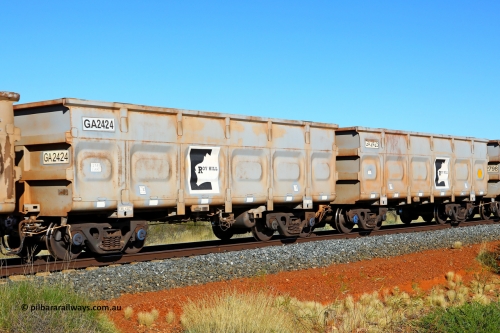 250501 0449
At the 88.448 km, just south of HPPL crossing loop on the Roy Hill line, empty Roy Hill waggon pair GA 2423 - GA 2424, built in China by CSR Yangtze as an CCK138 model ore waggon. May 1, 2025.
Keywords: GA-type;GA2423-GA2424;CSR-Yangtze;CCK138;