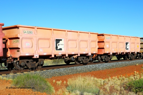 250501 0512
At the 88.448 km, just south of HPPL crossing loop on the Roy Hill line, empty Roy Hill waggon pair GA 3279 - GA 3280, built in China by CRRC Yangtze as an CCK138 model ore waggon in Breast Cancer Awareness pink livery. May 1, 2025
Keywords: GA-type;GA3279-GA3280;CRRC-Yangtze;CCK138;