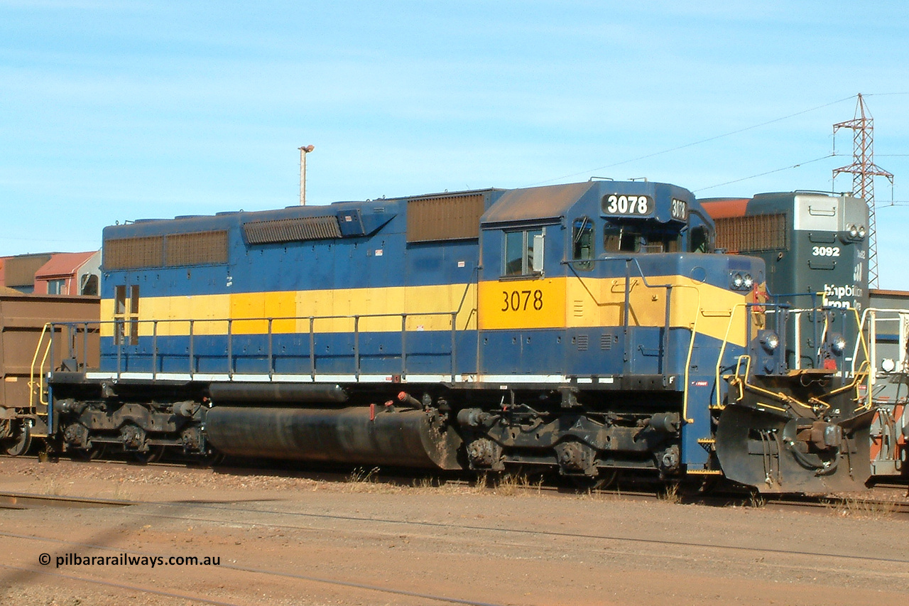 3078 roster rhs 040912 153938
Nelson Point, BHP Billiton yard pilot EMD SD40 unit 3078 serial 31503 originally Southern Pacific unit SP 8422 and still wearing former owner IC&E blue and yellow livery with a loaded rake awaiting clearance in to Car Dumper 2. 4th of September 2004.
Keywords: 3078;EMD;SD40;31503/7861-13;SP8422;