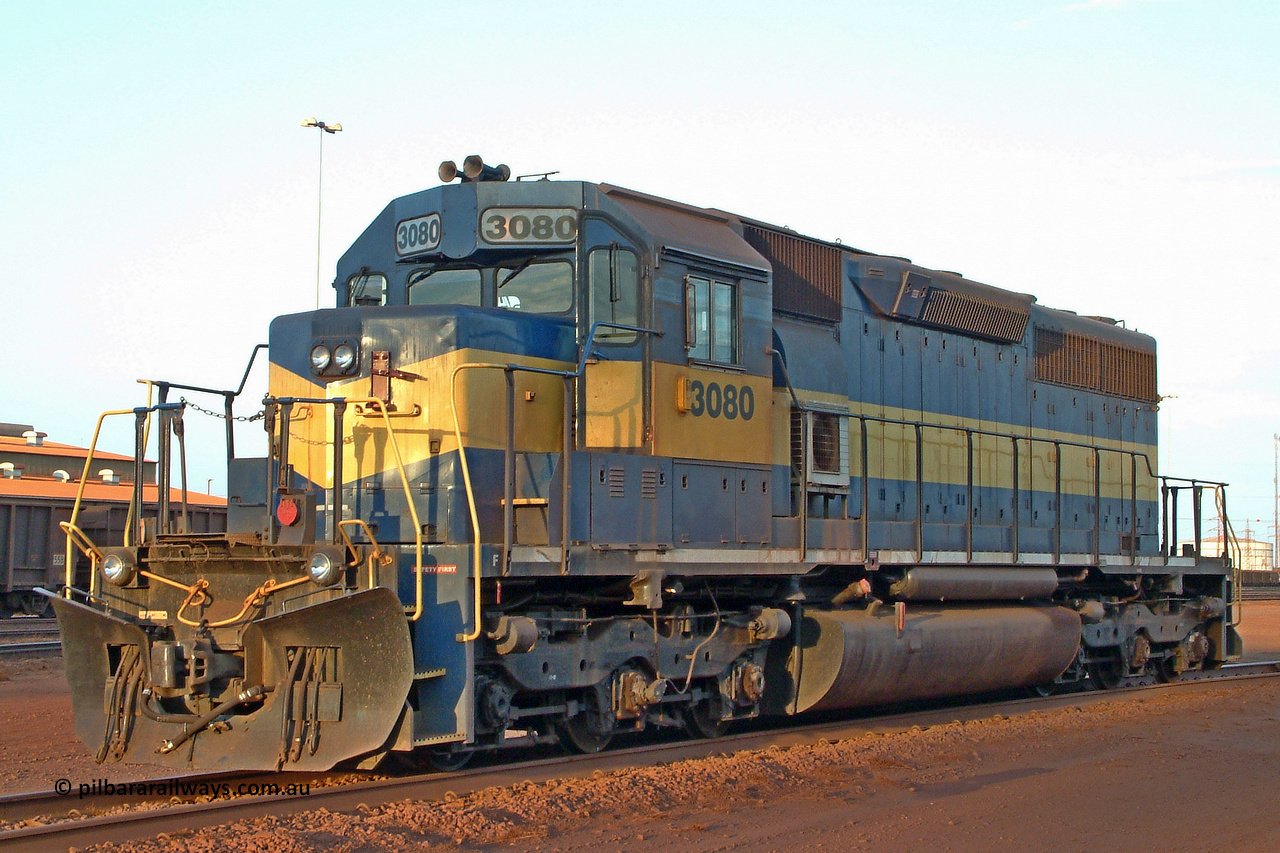 3080 roster lhs 041218 181459
Nelson Point, BHP Billiton yard pilot EMD SD40 unit 3080 serial number 33674 / 7083-4 originally Southern Pacific unit SP 8482 and still wearing former owner IC&E blue and yellow livery seen here off the wheel lathe. 18th of December 2004.
Keywords: 3080;EMD;SD40;33674/7083-4;SP8482;