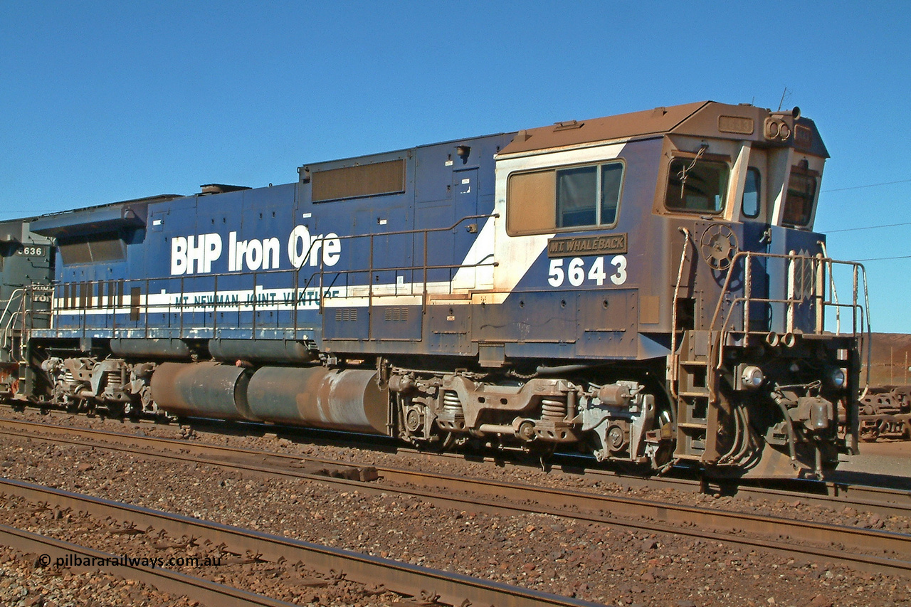 5643 roster rhs 040627 140916
Nelson Point, BHP Iron Ore's Goninan CM40-8M ALCo to GE rebuilt locomotive 5643 'Mt Whaleback' with serial number 8281-08 / 92-132 stands near Car Dumper Two. Rebuilt from AE Goodwin built ALCo M636C locomotive 5470 in 1992. 27th of June 2004.
Keywords: 5643;Goninan;GE;CM40-8M;8281-08/92-132;rebuild;AE-Goodwin;ALCo;M636C;5470;G6047-2;