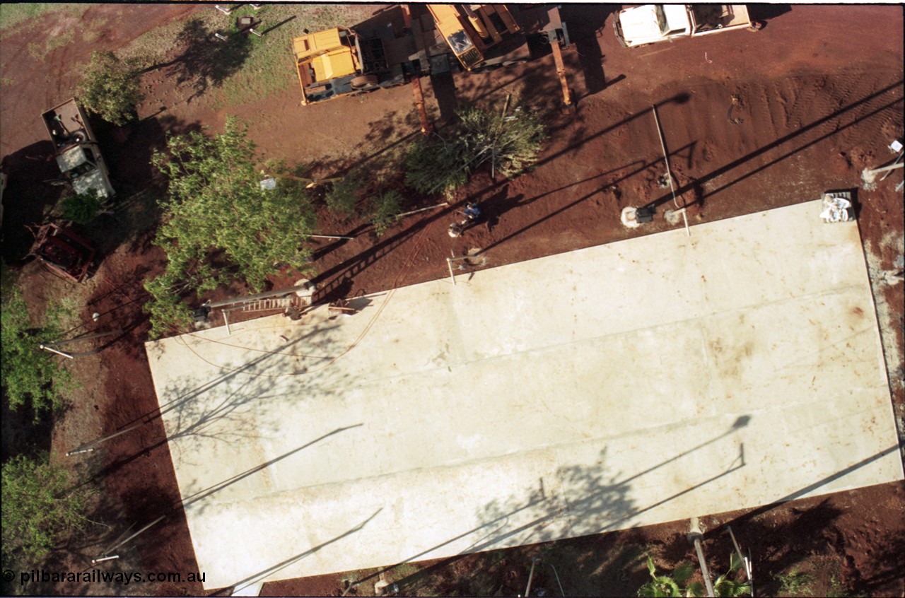 194-27
Yandi campsite for Henry Walker operated iron ore mine owned and managed by BHP, view from man cage during indoor cricket pitch installation .
