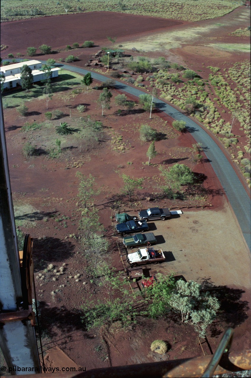 194-33
Yandi campsite for Henry Walker operated iron ore mine owned and managed by BHP, view of camp are from man cage on Kato 50 tonne hydraulic crane.
