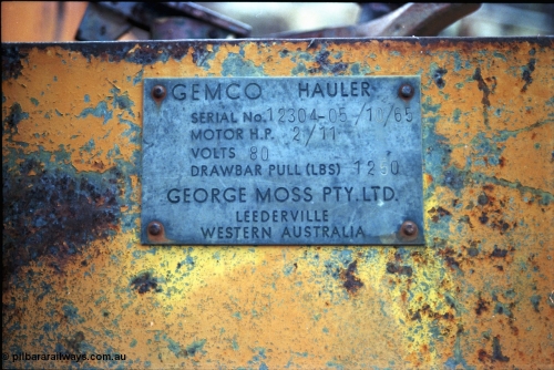 194-18
Wittenoom, Colonial Mine, asbestos mining remains, builders plate for GEMCO Hauler. Serial 12304-05/10/65, Motor H.P. 2/11, Volts 80, Drawbar Pull (lbs) 1250, George Moss Pty Ltd, Leederville, WA.
Keywords: Gemco;George-Moss;12304-05/10/65;