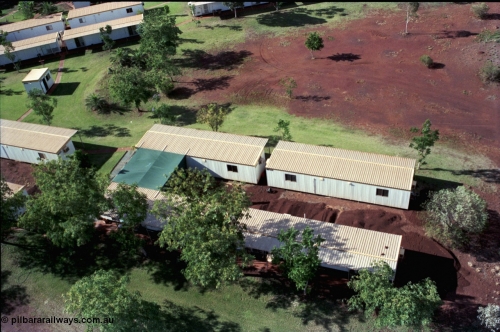 194-35
Yandi campsite for Henry Walker operated iron ore mine owned and managed by BHP, view of camp are from man cage on Kato 50 tonne hydraulic crane.
