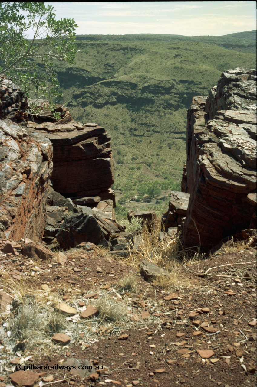 195-21
Wittenoom Gorge, view of the former market garden area and house remains, viewed from the cat walk on the western wall of the gorge.
