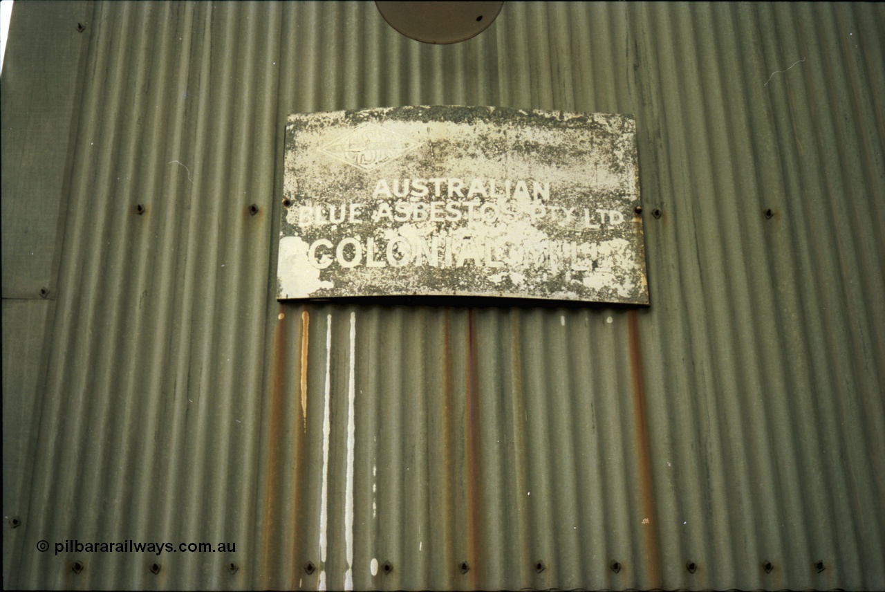 195-25
Wittenoom Gorge, Australian Blue Asbestos or ABA Colonial Mill, sign shows CSR Australian Blue Asbestos Pty Ltd Colonial Mill.
