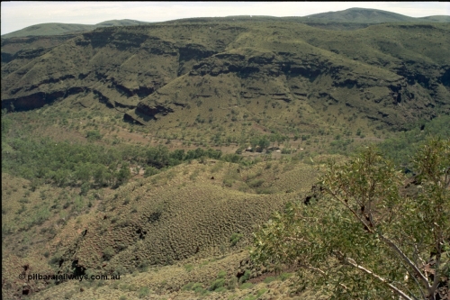 195-19
Wittenoom Gorge, view of the former market garden area and house remains, viewed from the cat walk on the western wall of the gorge.
