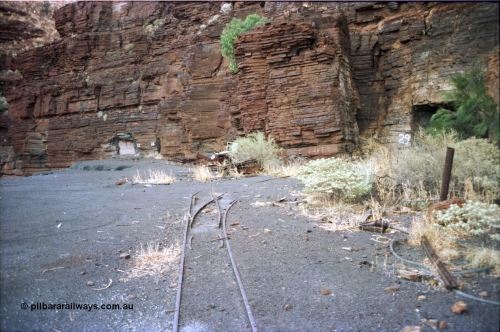 195-30
Wittenoom, West Gorge, Australian Blue Asbestos or ABA Colonial Mine, sealed up underground drive adits or entry points 27, 28 and 29, shows tramway tracks and points for entry into adit 29, entries have been sealed closed.
