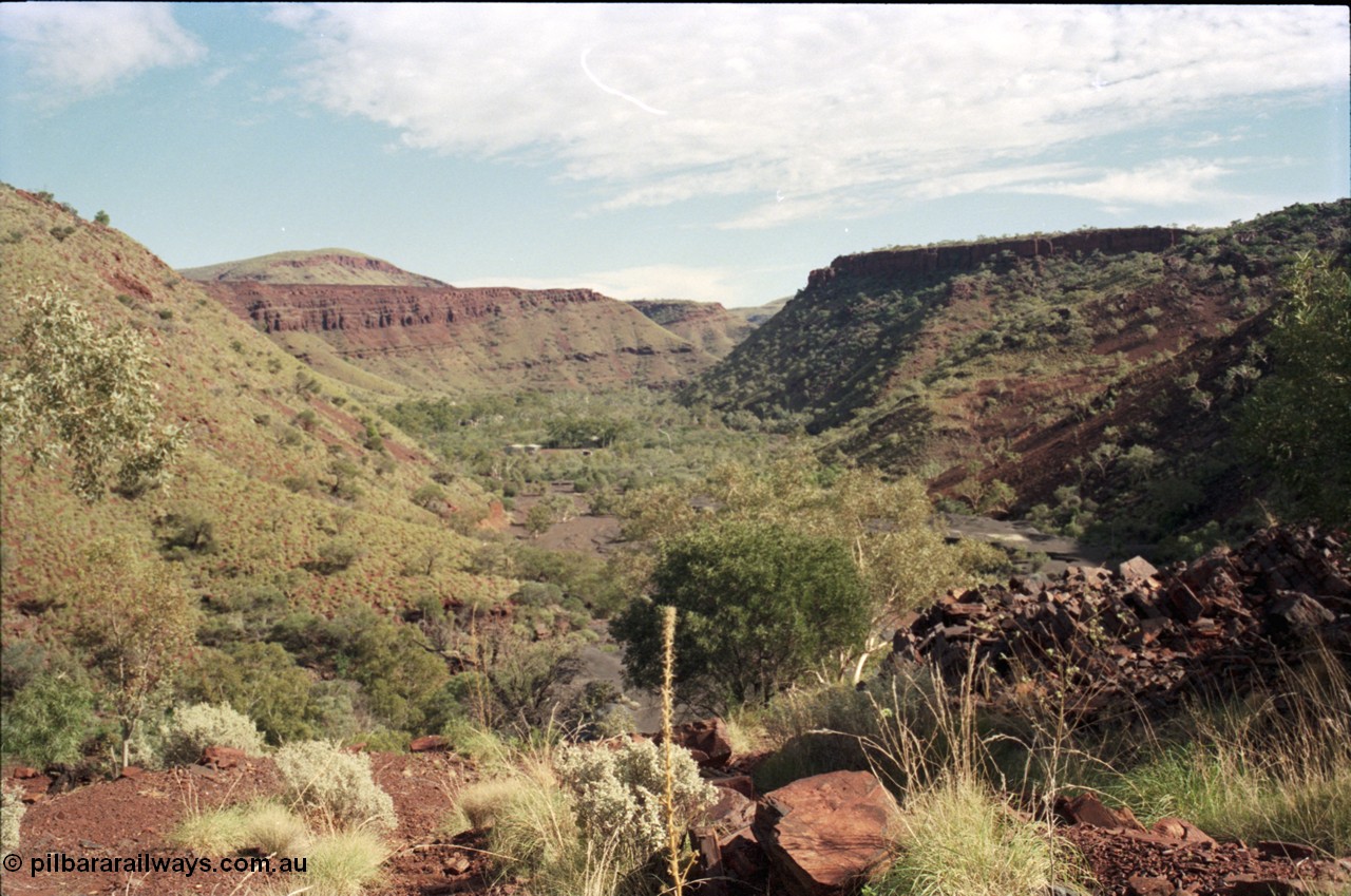 196-23
Wittenoom Gorge, Gorge Mine area, asbestos mining remains, looking north out of East Gorge towards the power station site.
