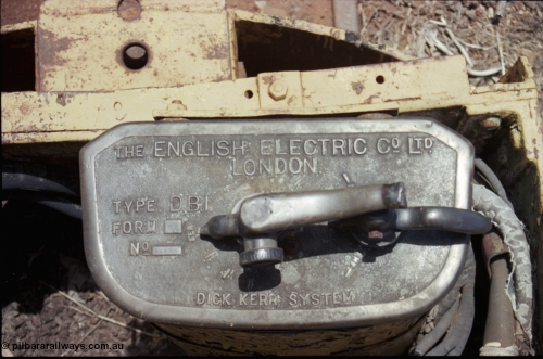 197-26
Wittenoom, Colonial Mine, top of control stand for locomotive with No.1 battery box, English Electric Co. D.B.1.. Form M3, Dick Kerr System, commonly referred to as the Dick Kerr DB1 controller.
Keywords: Dick-Kerr;DB1;English-Electric;