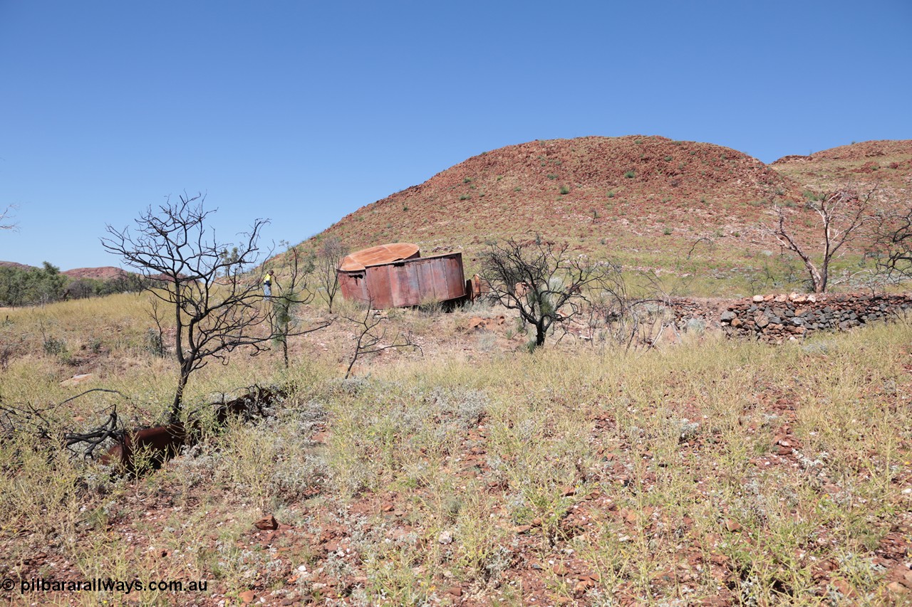 140517-4309
Eginbah Siding area, of the Marble Bar railway, former locomotive watering stop alongside the Talga River (closed in 1951), view of the line formation block fill and tanks on collapsed stands. [url=https://goo.gl/maps/fVgGW2ov6Tu]Location here[/url].
