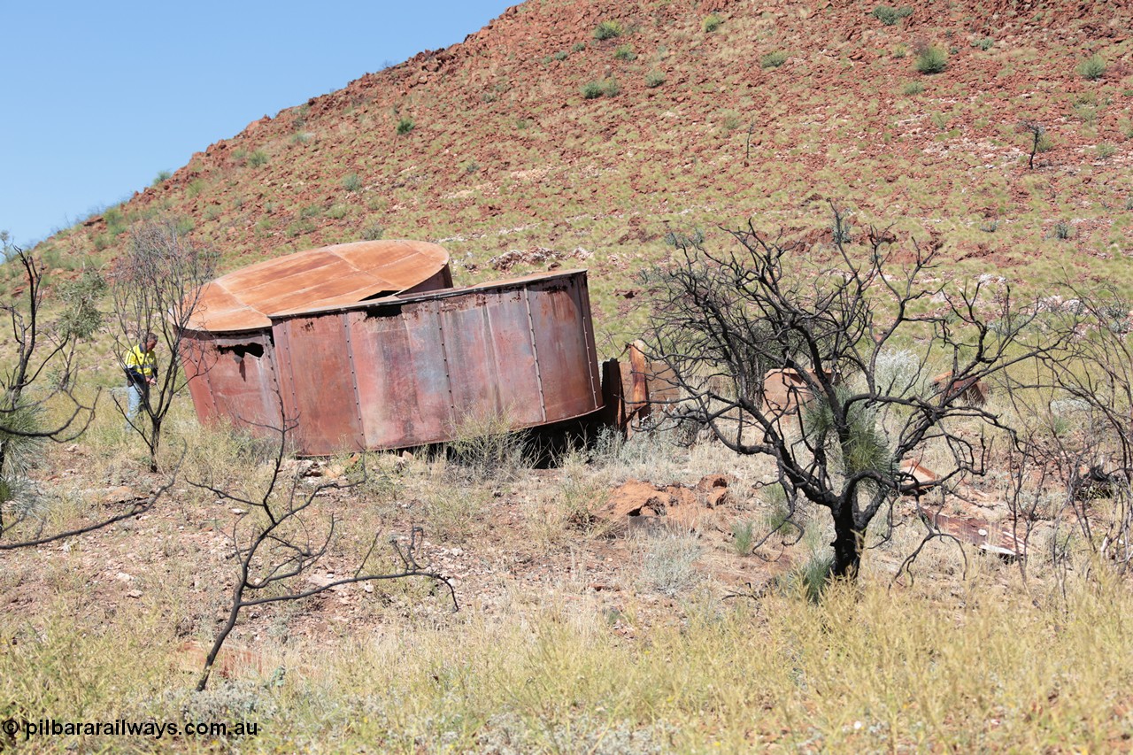 140517-4313
Eginbah Siding area, of the Marble Bar railway, former locomotive watering stop alongside the Talga River (closed in 1951), view of the tanks on collapsed stands, the line was behind the tanks. [url=https://goo.gl/maps/3S1PnLRSgKy]Location here[/url].
