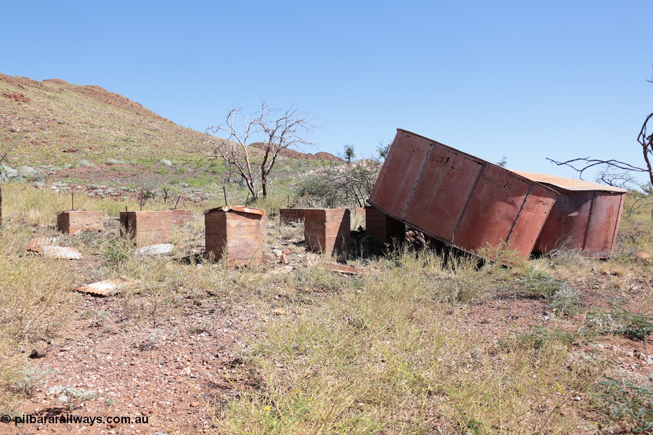 140517-4315
Eginbah Siding area, of the Marble Bar railway, former locomotive watering stop alongside the Talga River (closed in 1951), view of the tanks and concrete stands, the line alignment can just be made out in the background. [url=https://goo.gl/maps/9JAMk1eqwLH2]Location here[/url].
