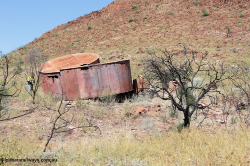 140517-4313
Eginbah Siding area, of the Marble Bar railway, former locomotive watering stop alongside the Talga River (closed in 1951), view of the tanks on collapsed stands, the line was behind the tanks. [url=https://goo.gl/maps/3S1PnLRSgKy]Location here[/url].
