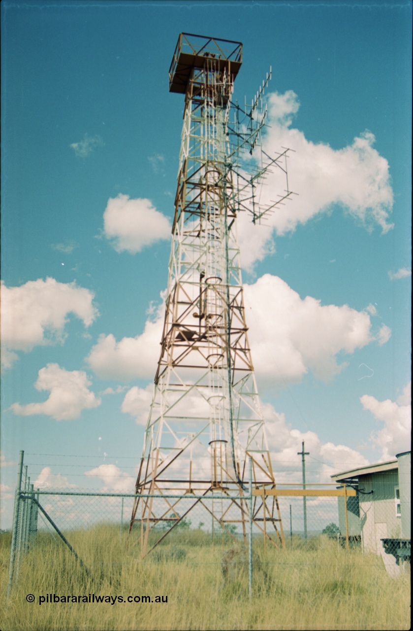 203-27
Drillers Ridge, Wittenoom, the DME (Distance Measuring Equipment) tower was a navigation aid for the Department of Civil Aviation for the Wittenoom airport, the site was also used by Telecom for providing 'radio links' for phones into Wittenoom prior to the current tower located at the eastern edge of town which links back to Auski Roadhouse.
