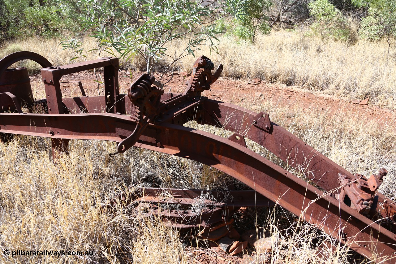 160103 9839
Located in the bush near Colonial Mill is this relic of a Fordson One Man Power Grader originally supplied by Lynas Motors Ltd. An old newspaper article on these graders can be found [url=http://www.trove.nla.gov.au/ndp/del/page/4440149] here [/url]. Geodata: [url=https://goo.gl/maps/zwzb6Rchkzj] -22.3057767 118.3247750 [/url].
Keywords: Lynas-Motors-Ltd;Fordson-Power-Grader;