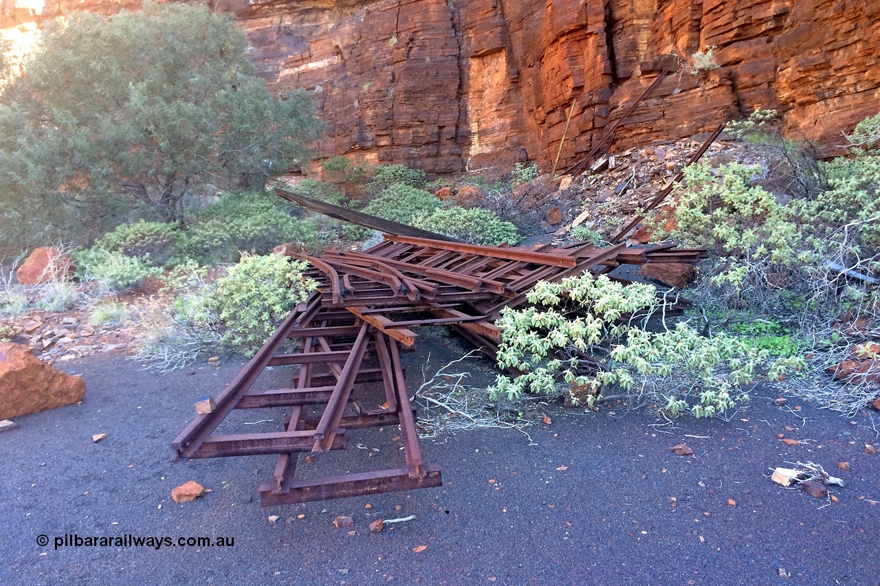 160710 iPh5S 2797
Wittenoom Gorge, Colonial Mine, underground railway points piled up on the upper level.
