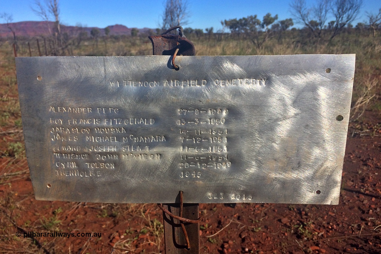 160711 iPh5S 2828
Wittenoom cemetery located in the grounds of the old airport alongside the old north-west/south-east running runway. Sign placed in 2015. [url=https://goo.gl/maps/sQrZQssJ7Cs6WeYc7]Location is here[/url].
More details can be found on these two websites, [url=http://www.ozburials.com/CemsWA/OtherCems/wittenoom.htm]Oz Burials[/url], and [url=http://wa4wd.net.au/lonely%20graves/Wittenoom%20cemetery.html]WA4WD[/url].
