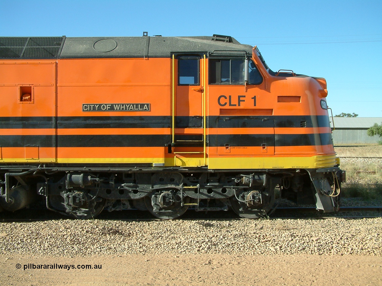 030403 162110
Crystal Brook, cab side shot of CLF class leader CLF 1 'City of Whyalla' serial 93-AN-1, rebuilt by MKA to EMD model AT26C-2M from CL class unit CL 2 in 1993. 3rd April 2003.
Keywords: CLF-class;CLF1;MKA;EMD;AT26C-2M;93-AN-1;rebuild;CL-class;CL2;Clyde-Engineering;EMD;AT26C;70-694;