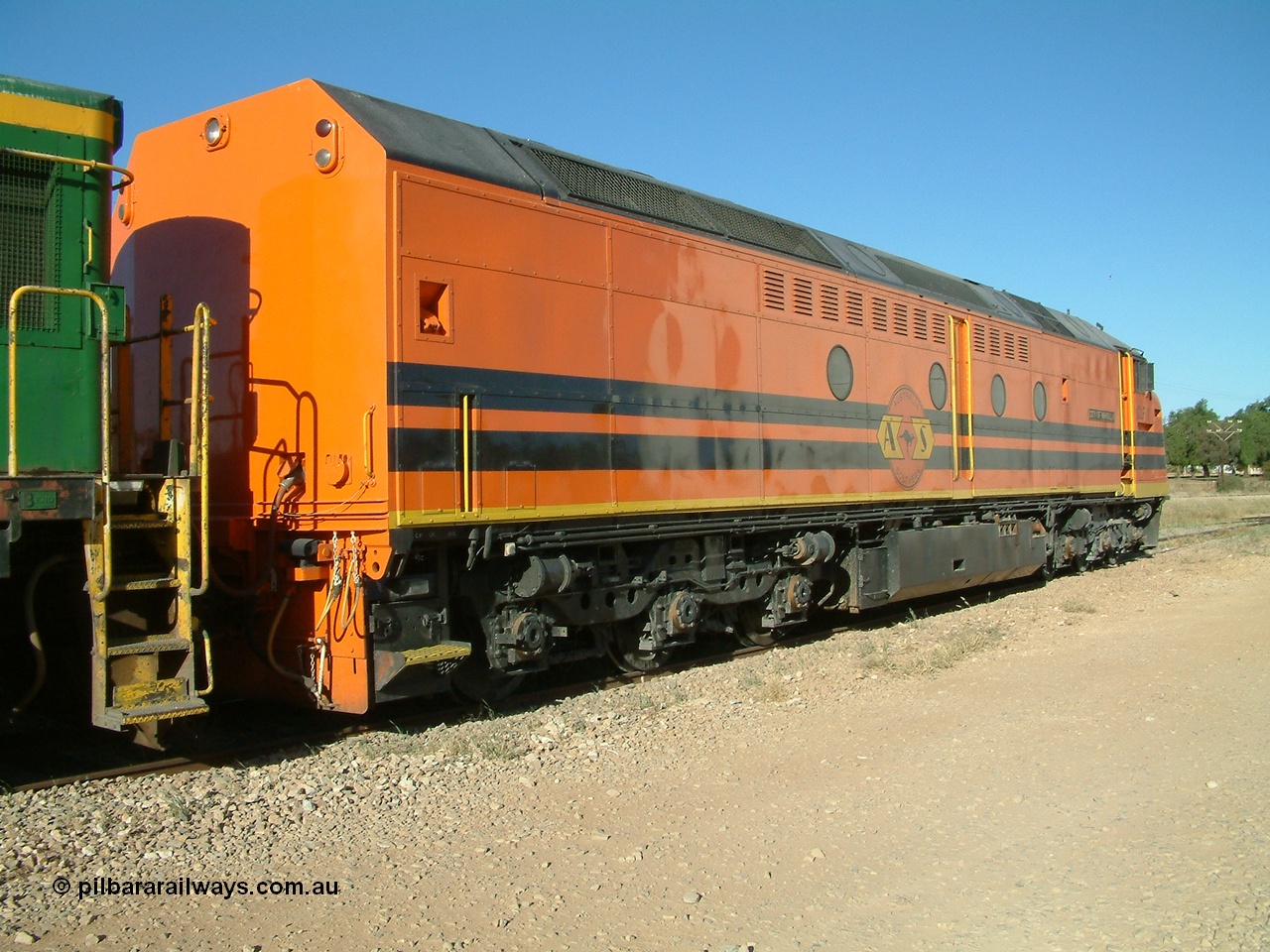 030403 162220
Crystal Brook, view from rear of CLF class leader CLF 1 'City of Whyalla' serial 93-AN-1, rebuilt by MKA to EMD model AT26C-2M from CL class unit CL 2 in 1993. 3rd April 2003.
Keywords: CLF-class;CLF1;MKA;EMD;AT26C-2M;93-AN-1;rebuild;CL-class;CL2;Clyde-Engineering;EMD;AT26C;70-694;