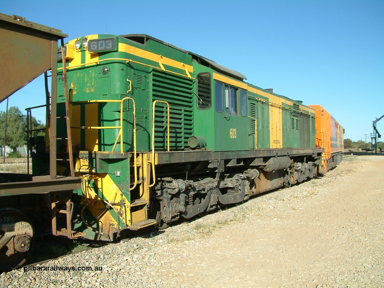 030403 162241
Crystal Brook, view from the A end of former Australian National 600 class AE Goodwin built ALCo DL541 model 603 serial G6015-3.
Keywords: 600-class;603;AE-Goodwin;ALCo;DL541;G6015-3;