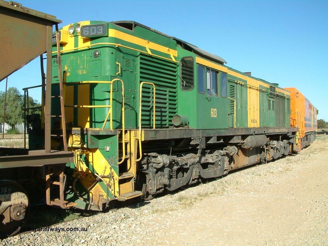 030403 162303
Crystal Brook, view from the A end of former Australian National 600 class AE Goodwin built ALCo DL541 model 603 serial G6015-3.
Keywords: 600-class;603;G6015-3;AE-Goodwin;ALCo;DL541;