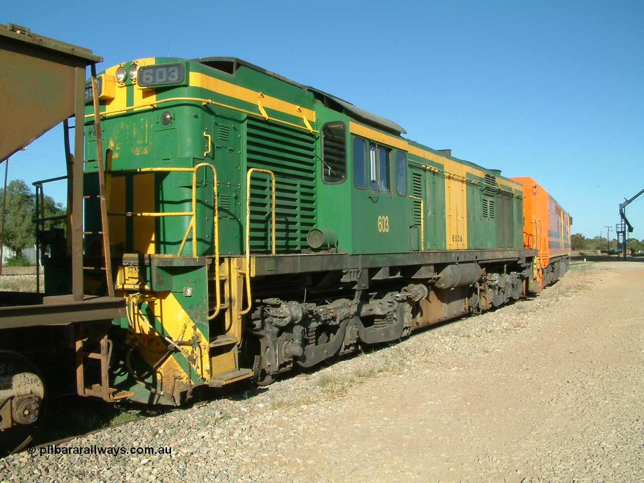 030403 162313
Crystal Brook, view from the A end of former Australian National 600 class AE Goodwin built ALCo DL541 model 603 serial G6015-3.
Keywords: 600-class;603;AE-Goodwin;ALCo;DL541;G6015-3;