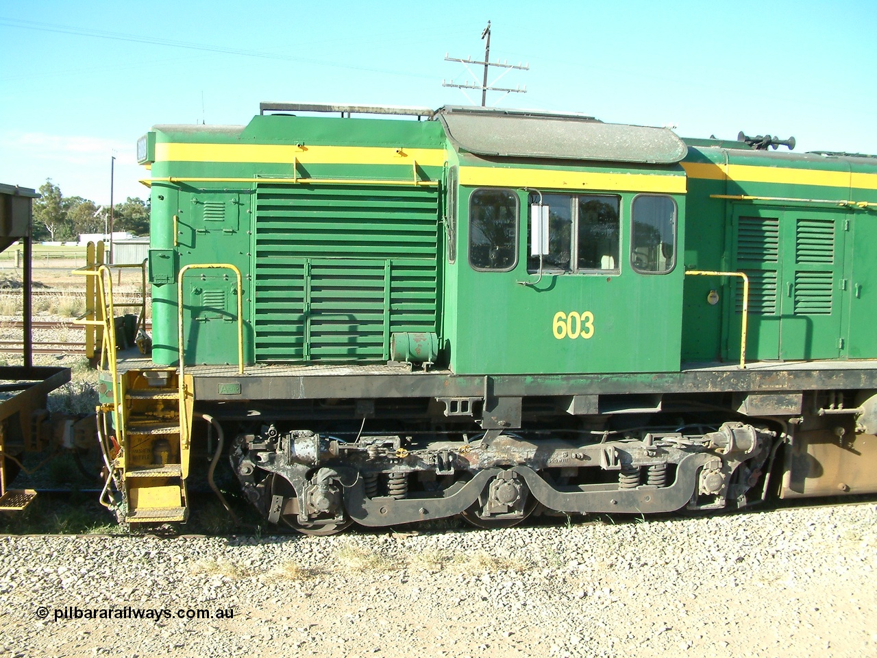 030403 162332
Crystal Brook, cab detail view showing tropical roof and bogie of former Australian National 600 class AE Goodwin built ALCo DL541 model 603 serial G6015-3.
Keywords: 600-class;603;AE-Goodwin;ALCo;DL541;G6015-3;