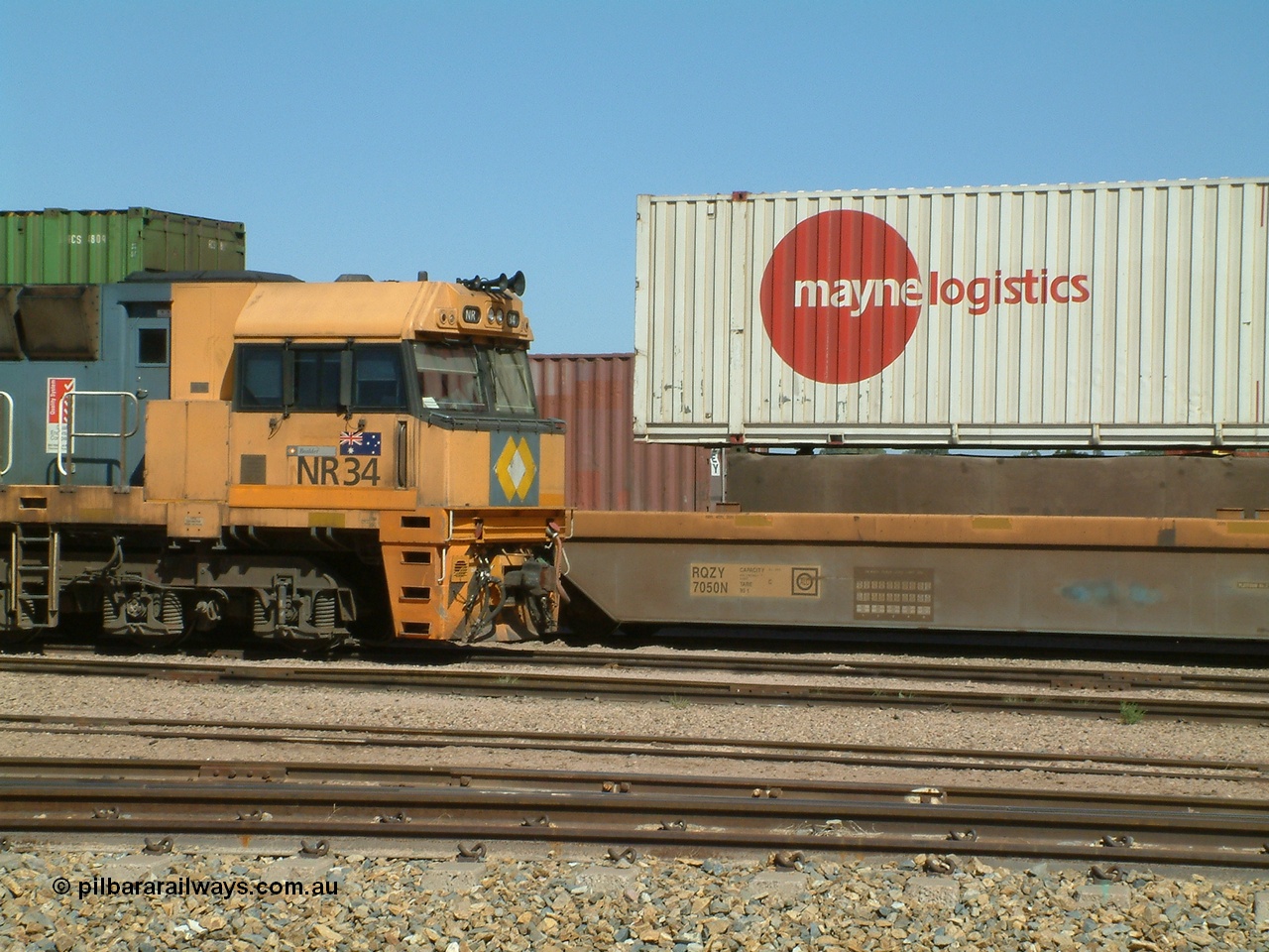 030404 104430
Port Augusta Spencer Junction yard, National Rail Goninan built GE Cv40-9i model NR class unit NR 34 serial 7250-06 / 97-236 sits in the yard in between jobs. 4th April 2003.
Keywords: NR-class;NR34;7250-06/97-236;Goninan;GE;Cv40-9i;