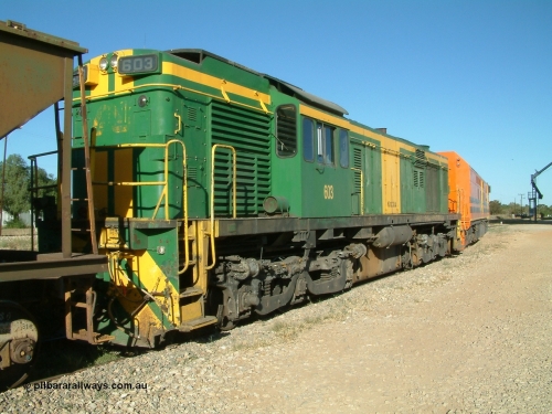 030403 162313
Crystal Brook, view from the A end of former Australian National 600 class AE Goodwin built ALCo DL541 model 603 serial G6015-2.
Keywords: 600-class;603;AE-Goodwin;ALCo;DL541;G6015-2;