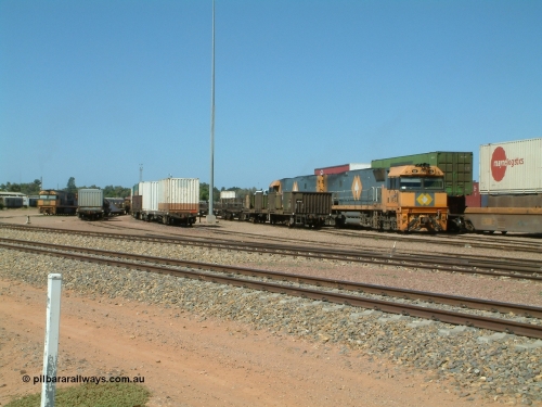 030404 103950
Port Augusta Spencer Junction yard, view looking south with various waggon consists and NR class locomotives present. 4th April 2003.
