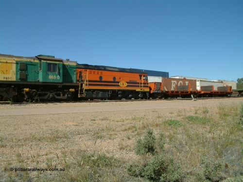 030404 131846
Port Augusta, Spencer Junction shunt loco 830 class unit 863 serial 84709 is an AE Goodwin built ALCo DL531 model and entered service in June 1963. 4th April 2003.
Keywords: 830-class;863;AE-Goodwin;ALCo;DL531;84709;
