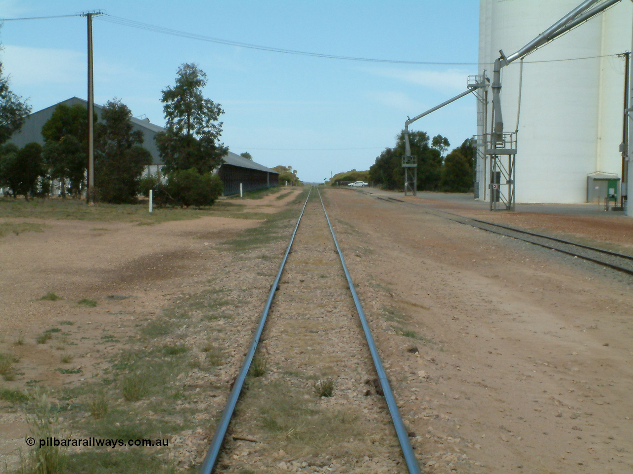 030405 132832
Wudinna, yard view looking along the mainline south with Naylor Tce in the background with grain shed on the left and silo complex and loading spout on the right, 5th April, 2003.
