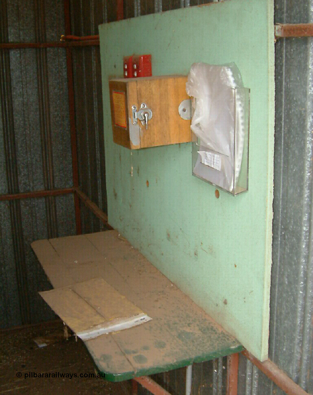 030405 165918
Wudinna, internal view of the train control cabin with desk and phone box for receiving train orders, 5th April 2003
