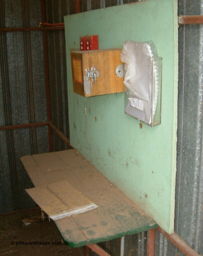 030405 165918
Wudinna, internal view of the train control cabin with desk and phone box for receiving train orders, April 5, 2003
