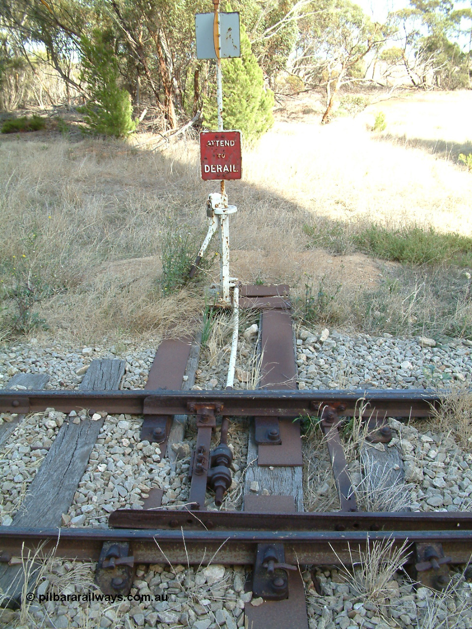 030406 092433
Yeelanna, detail view of the points, lever and indicator and track fixtures for the south leg of the triangle. 6th April 2003.
