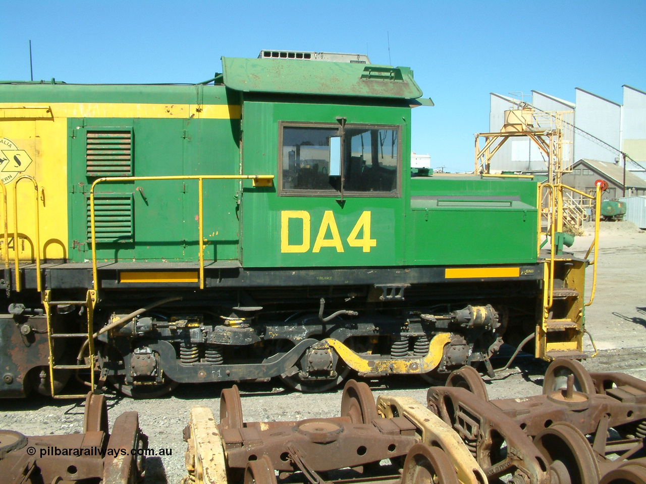 030406 115134
Port Lincoln loco workshops, cab side view of DA 4, former Australian National locomotive rebuilt from former AE Goodwin ALCo model DL531 830 class ex 839, serial 83730, rebuilt by Port Augusta Workshops to DA class. 6th April, 2003.
Keywords: DA-class;DA4;83730;Port-Augusta-WS;ALCo;DL531G/1;830-class;839;rebuild;